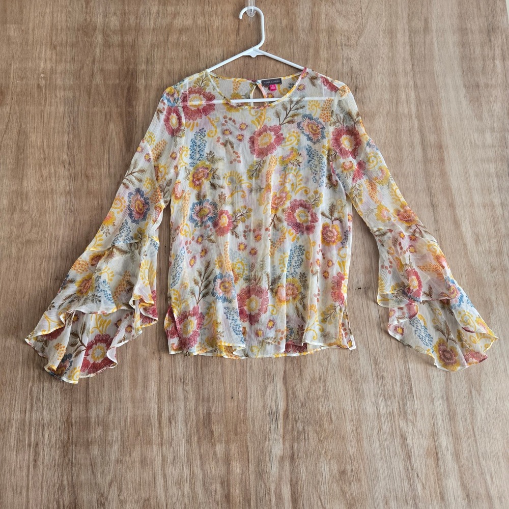 Vince Camuto Floral Tiered Bell Sleeve Sheer Blouse XS Multi Color Keyhole Back